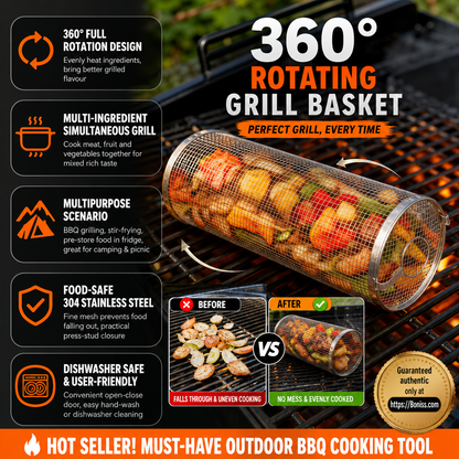 🔥🍖 Limited Time BBQ Deal – 360° Rolling Grilling Basket | Non-Stick Rotisserie Grill Basket for Meat, Vegetables & More