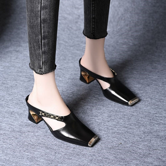 Women's Casual Metal Square Toe Mid Block Heel Mules