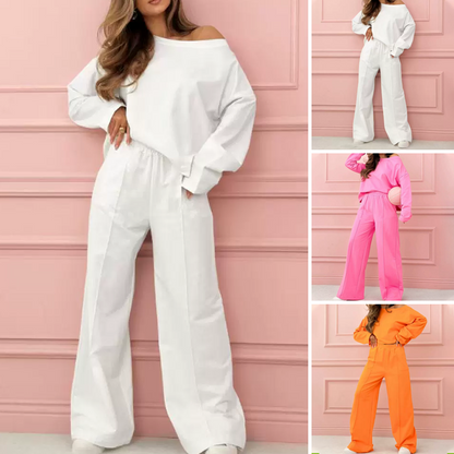 🌸New Arrival 50%OFF💖Fashionable and Minimalist Round Neck Top & Wide Leg Pants 2-Piece Set