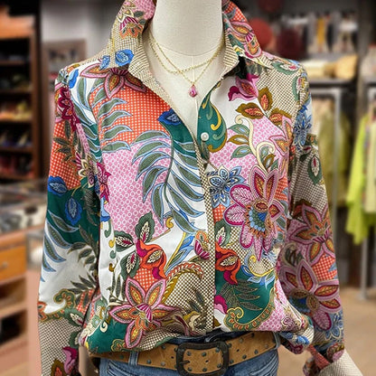 Women's Floral Print Lapel Long Sleeve Blouse