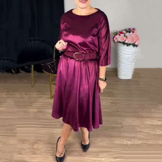 🔥NEW ARRIVAL LIMITED TIME OFFER🔥Women's 3/4 Sleeve Round-Neck Satin Midi Dress