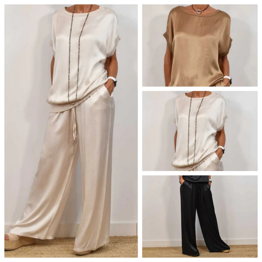 🎉Limited Sale🎉Women's Satin Short Sleeve Top & Pants 2-Piece Set