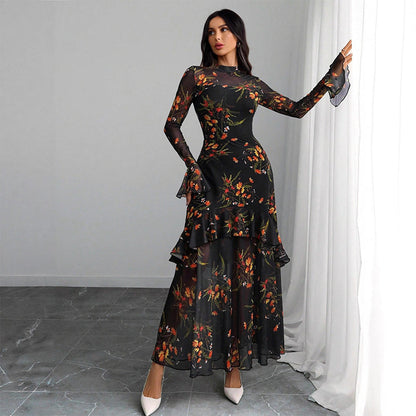 ✨2026 New Arrival 50%OFF🌸Floral Print Sheer Mesh Ruffle Hem Maxi Dress