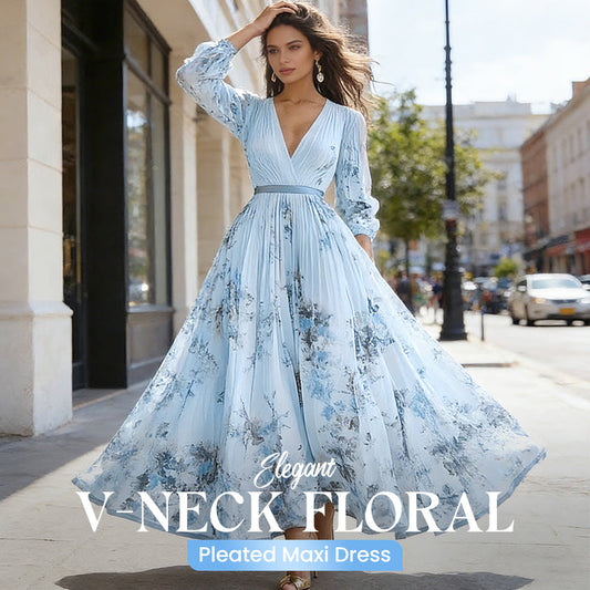 🎉New Arrival 50%OFF✨🎉Elegant V-Neck Floral Pleated Maxi Dress