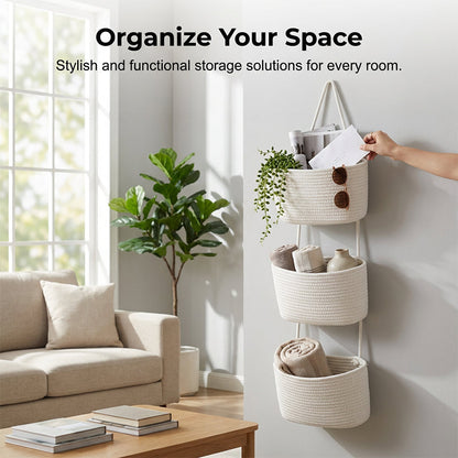 🧺✨Wall-Hanging Storage Organizer – 3-Tier, Boho Style, Space-Saving 🏡