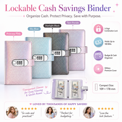 ✨💰 Lockable Glitter Budget Binder – 50 Cash Envelopes with Combination Lock