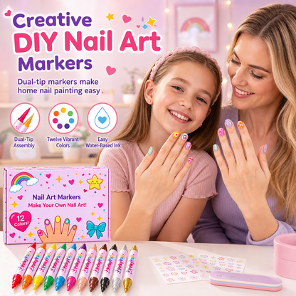 ⏳Limited Time 50% OFF🎨12 Colors Kids Dual Tip Nail Art Pen Set, Double Ended Markers for DIY Nail Painting